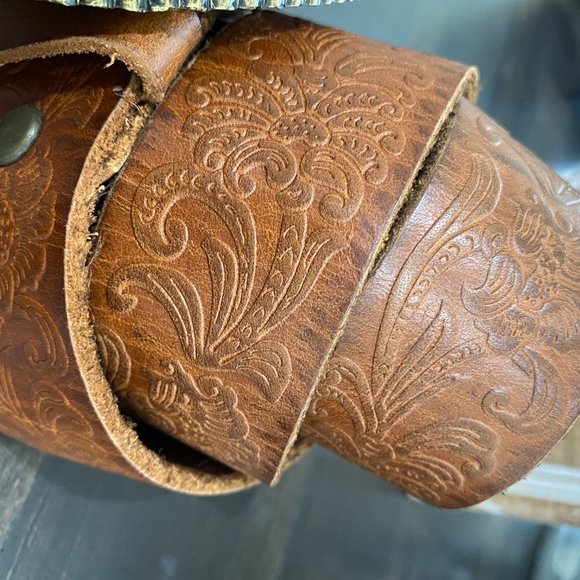 Brown Embossed Leather and Rhinestone Cross Belt
